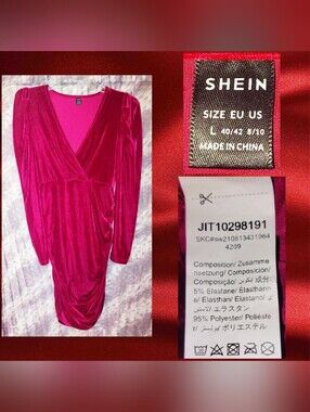 SHEIN brand Dark Red Wine L/S Ruched Soft Velvet Knit Dress Sz Large